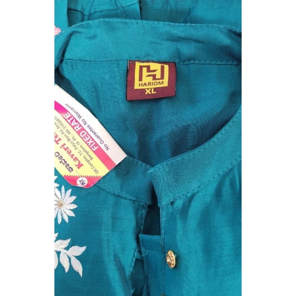 Hariom Women's 2pc Silk Blend Embroidered Long Kurta Set - Teal Green - XL